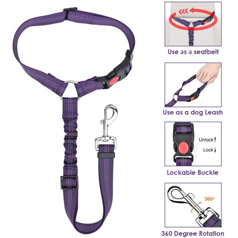 Dog Seat Belt Pet Car Seatbelt Headrest Restraint Adjustable Reflective Elastic Connect Dog Harness-Purple