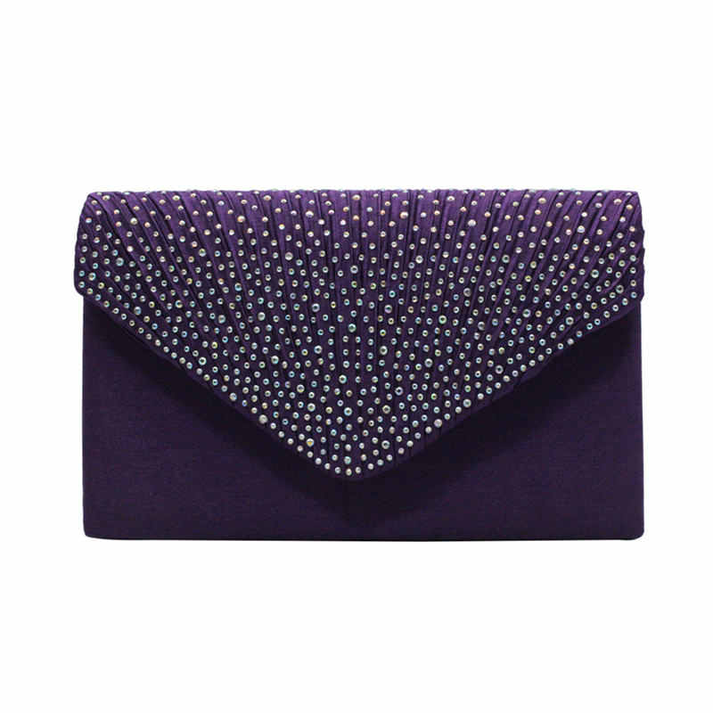 Ladies Frosted Satin Evening Clutch Rhinestones Crossbody Bag-Purple