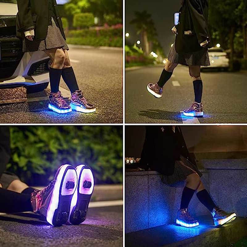 Kids Light Up Roller Skate Shoes High Top Sneakers Double Wheels-Pink