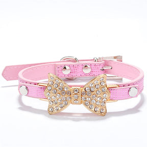 Pet Bling Diamond Giltter Leather Fashion Collar With Tow Rope for Small Dogs Cat Party Gifts-Pink