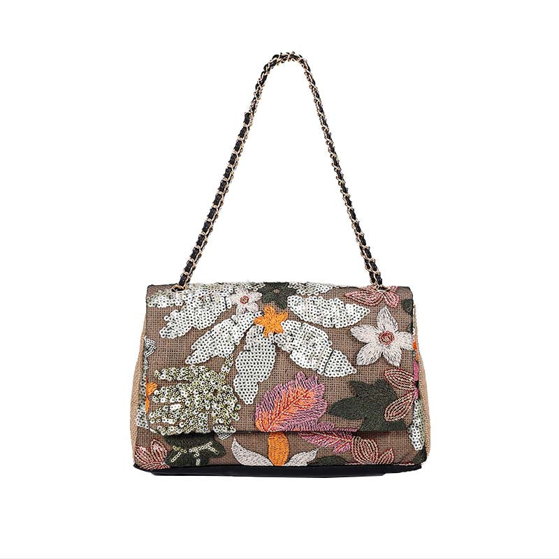 Women Fashion Crossbody Embroidery Shoulder Bag with Chain for Vacation-Green