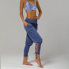 Womens Solid Color High Waist Lace Up Pants Fitness Loose Pants with Pockets-Blue