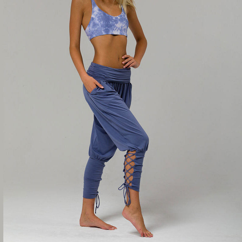 Womens Solid Color High Waist Lace Up Pants Fitness Loose Pants with Pockets-Blue