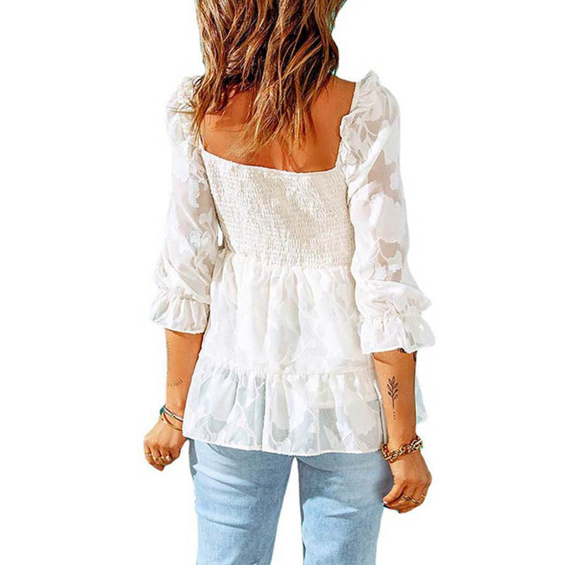 Womens Floral Textured Square Neck Ruffle 3/4 Sleeve Peplum Top Blouse-White