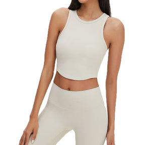Rib-Knit Crop Tank Tops Removable Padded Quick Dry Sports Bras-White