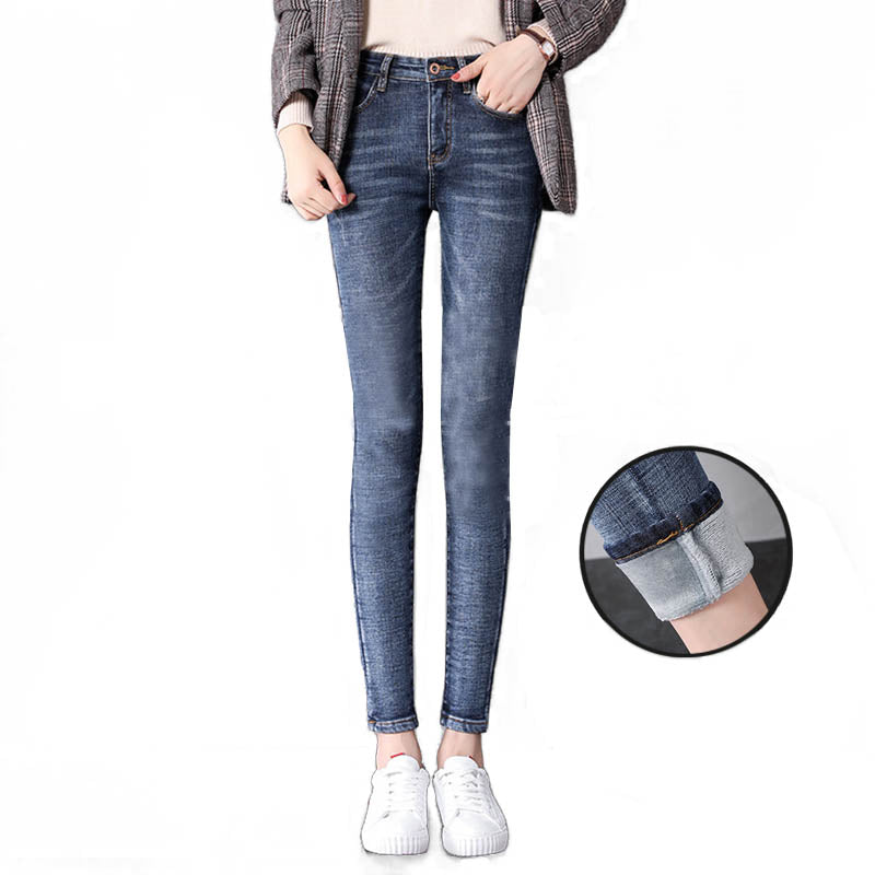 Womens Fleece Jeans with Pockets High Waist Stretch Trousers-1698-Retro Blue