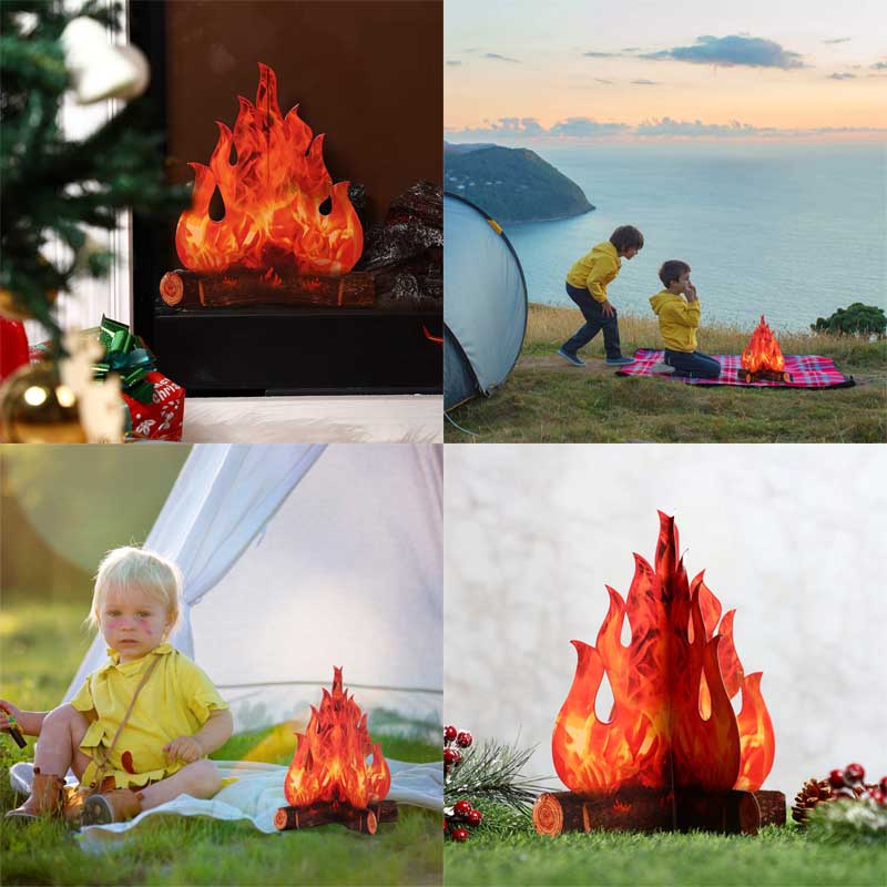 3D Decorative Cardboard Bonfire Center Artificial Fire Fake Flame Paper Party Decoration -Red Orange