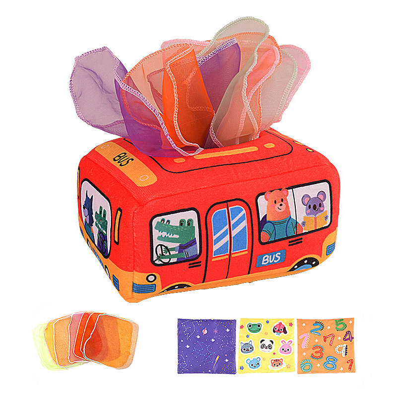 Baby Tissue Box Toy Crinkle Paper Sensory Silk Scarves Toys for 0-3 Year Old Kids-CarB