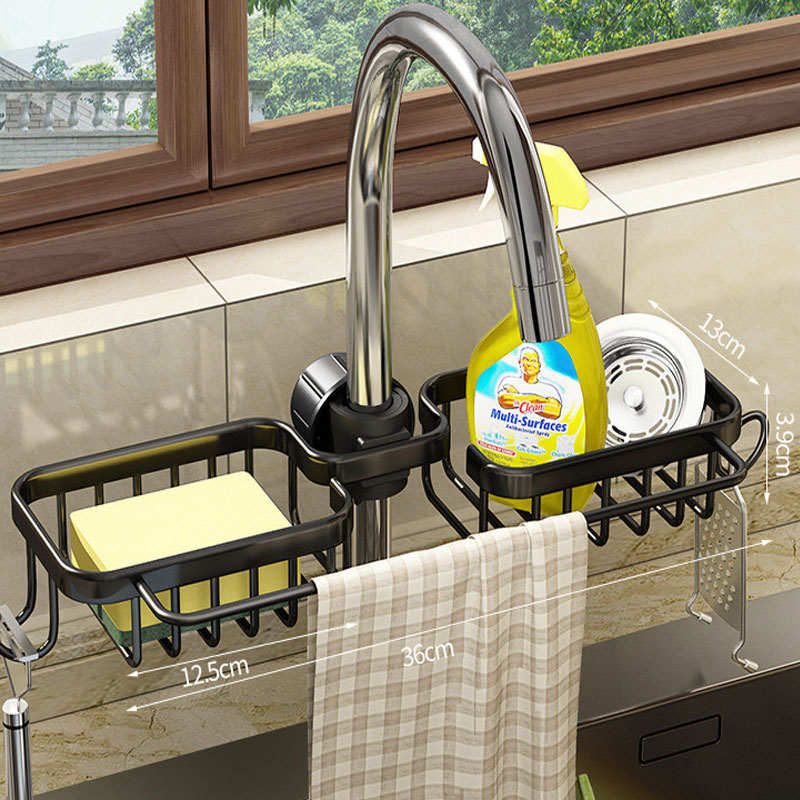Faucet Sponge Holder Rustproof Sink Caddy for Dishcloth-Black with Rod