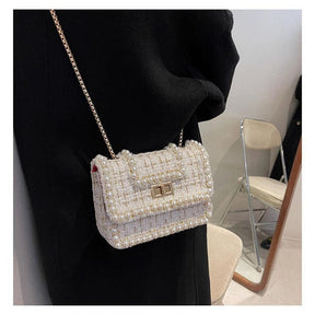 Women Tweed Pearl Chain Purse Crossbody Bag-White