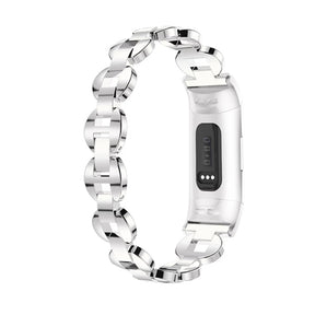 DH Stainless Steel White Diamond+Blue Diamond Watch Band Adjustable Replacement Wristband For Fitbit Charge 2/3 For Women-Silver