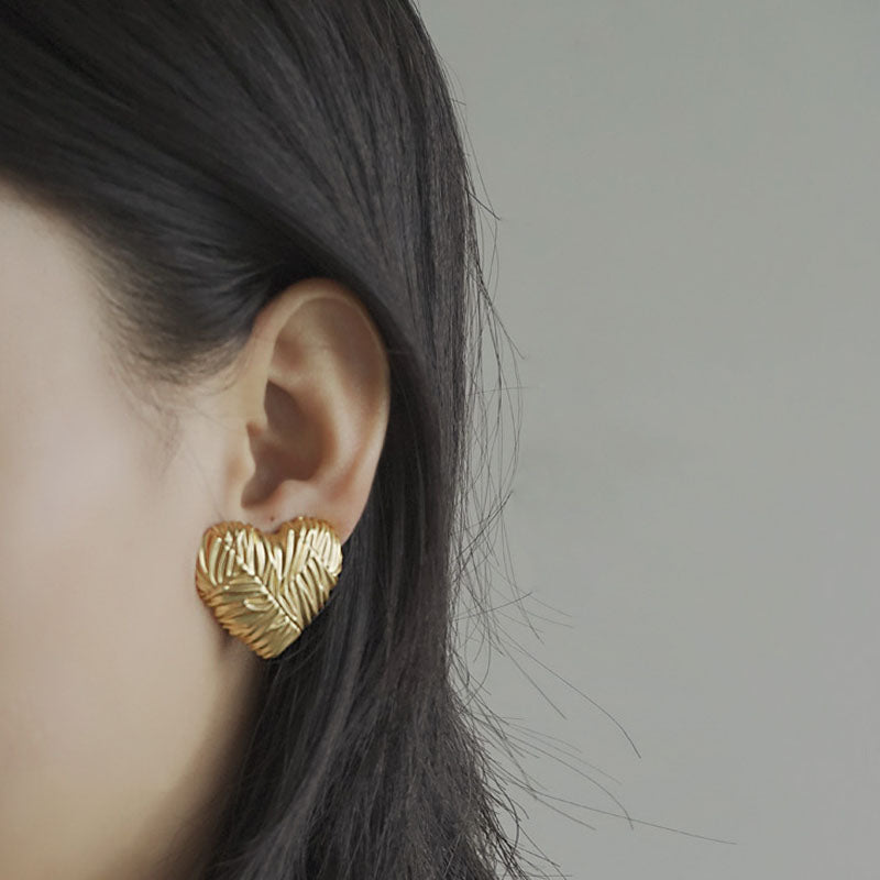 Gold Embossed Heart Clip-On Stud Earrings for Women