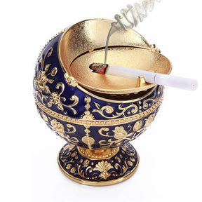 Windproof Ashtray with Lid Metal Portable Cigarettes Ashtray for Outdoors Indoors Hand Stamped Pattern Smoking Ashtray Fancy Gift -Navy Blue