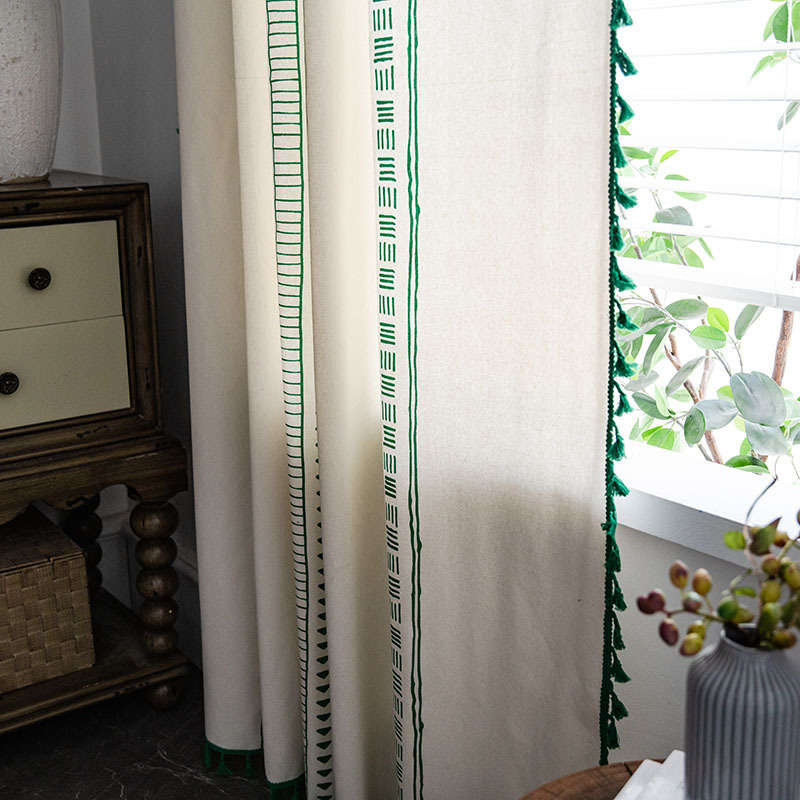 2 Panels Cotton Linen Semi Blackout Grommet Curtains with Tassels-3Green