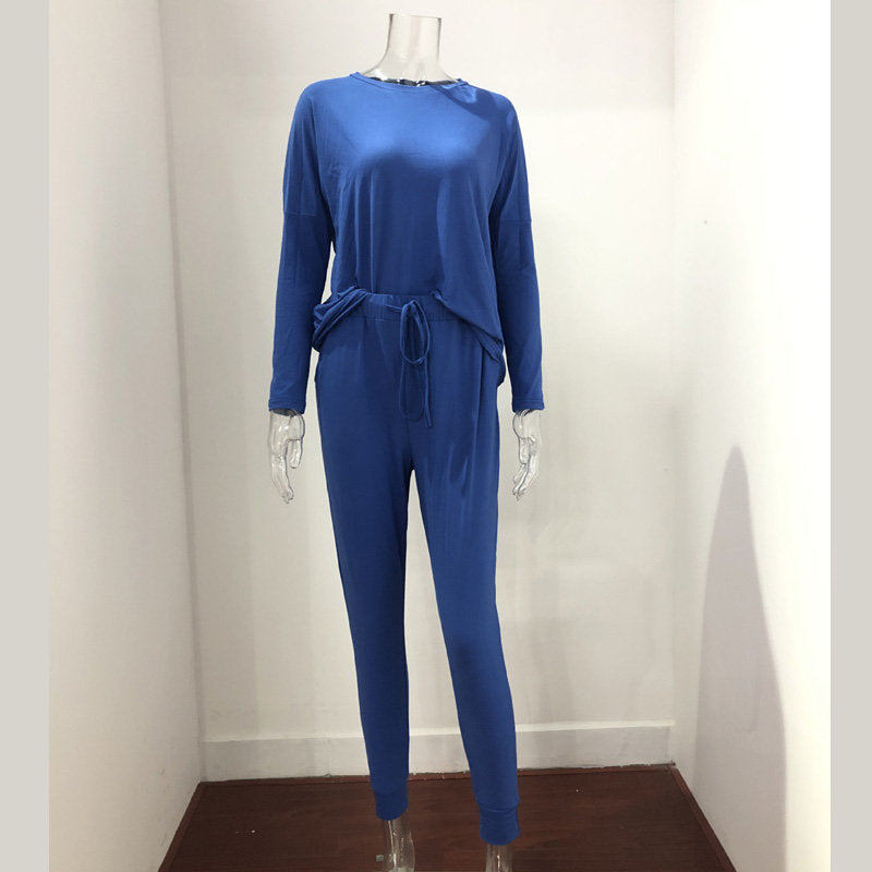 Women Loose Solid Color Long Sleeve Top Casual Drawstring Pants with Pockets-Blue