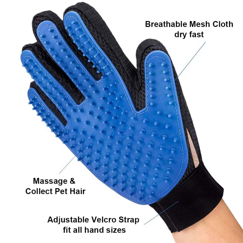 Pet Hair Remover Glove Gentle Massage Mitt with Enhanced Five Finger Design Blue-Right Hand