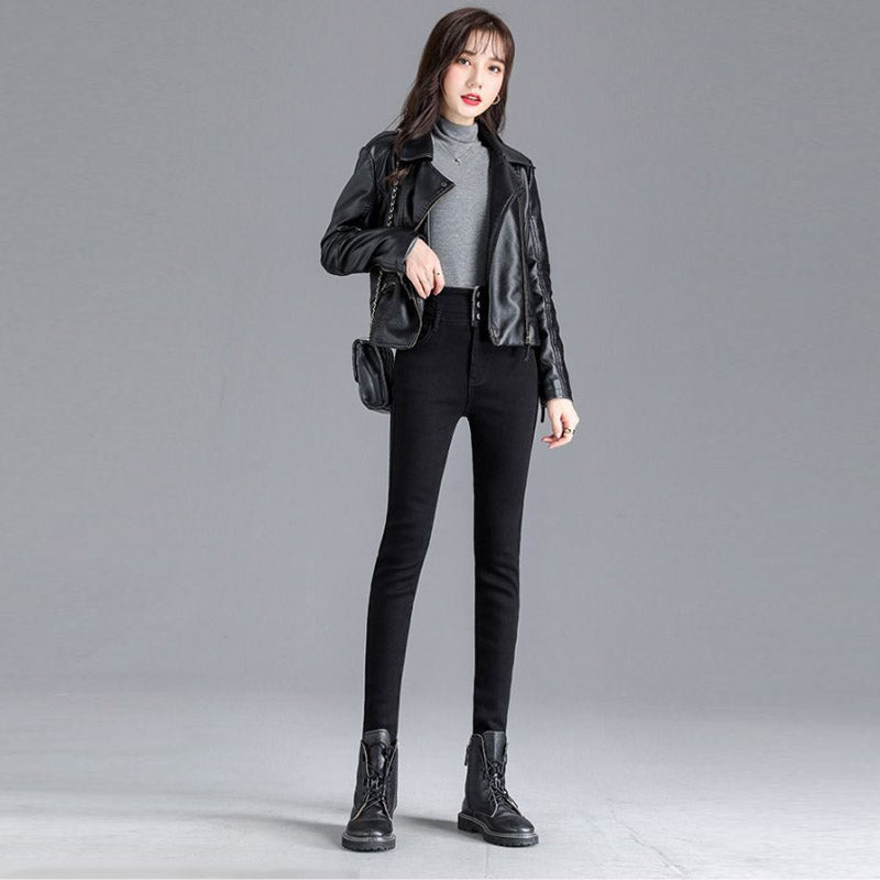 Womens Jeans Button up Stretch Slim Fit High Rise Denim Pants-Black