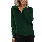 Womens Zip Up Lapel Knit Cardigan Sweaters V Neck Long Sleeve-Green