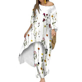 Womens Off Shoulder Irregular Printed Cropped Sleeve Wide Leg Pants Suit-6