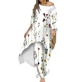 Womens Off Shoulder Irregular Printed Cropped Sleeve Wide Leg Pants Suit-6