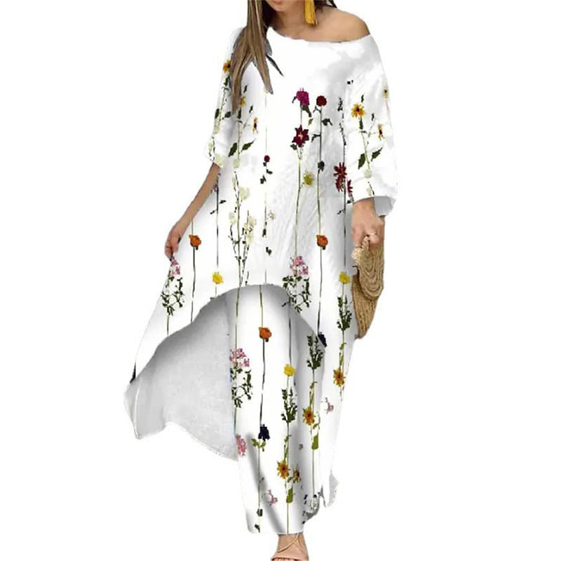 Womens Off Shoulder Irregular Printed Cropped Sleeve Wide Leg Pants Suit-6