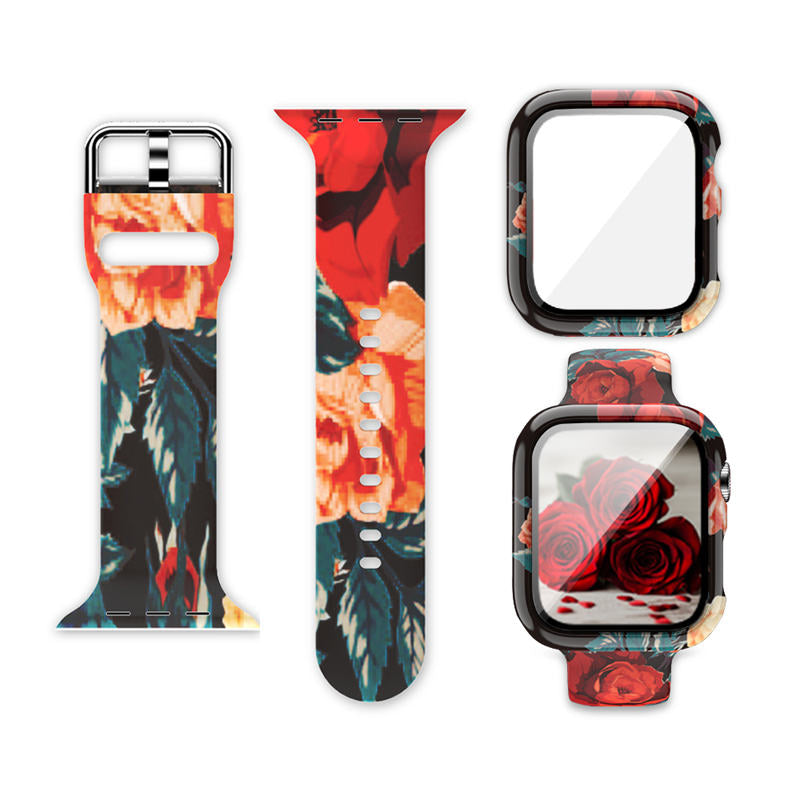 Silicone Printed Watch Band with Screen Protector Case for iWatch Series SE/6/5/4/3/2/1-RedRose