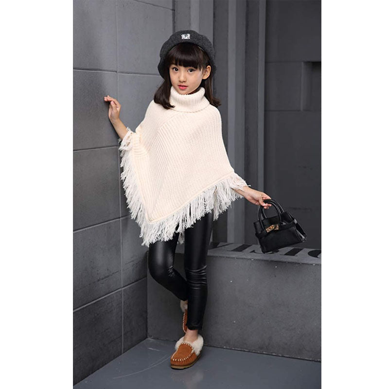Girls Fall Loose Knitted Pullover Sweaters Poncho Tassel Turtleneck Cloak Cape-White