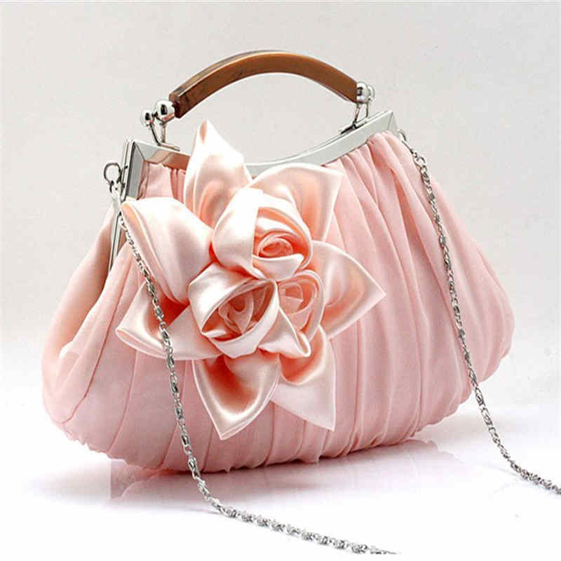 Womens Silk Flowers Evening Bags Clutch-Champagne