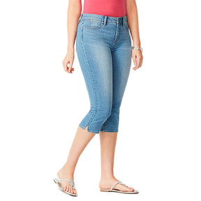 Womens Capri Jeans High Waisted Zipper Button Tight Fit Denim Pants-Light Blue