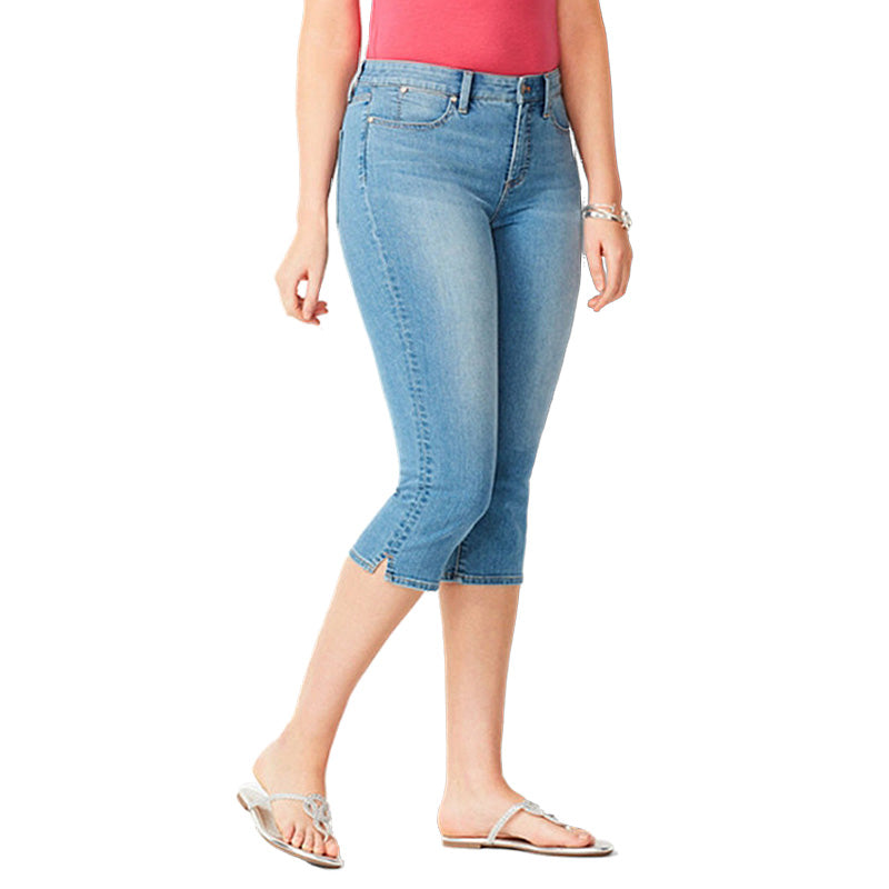 Womens Capri Jeans High Waisted Zipper Button Tight Fit Denim Pants-Light Blue