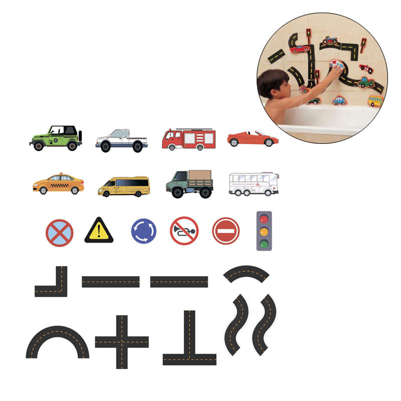 23Pcs Vehicles Foam Toddlers Bath Toys Educational Floating Toys with Suction Cup Storage Mesh Bag