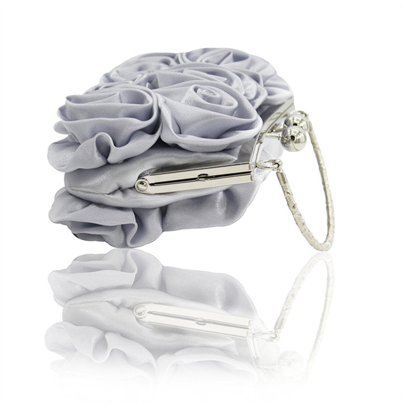 Roses Clutch Purse Satin Money Clip Evening Handbag-Silver