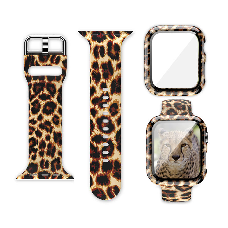 Silicone Printed Watch Band with Screen Protector Case for iWatch Series SE/6/5/4/3/2/1-BlackLeopard