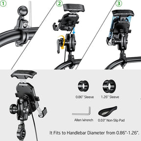 Anti-Theft Motorcycle Wireless Phone Mount Charger Works with 12V/24V Vehicle-Handlebar
