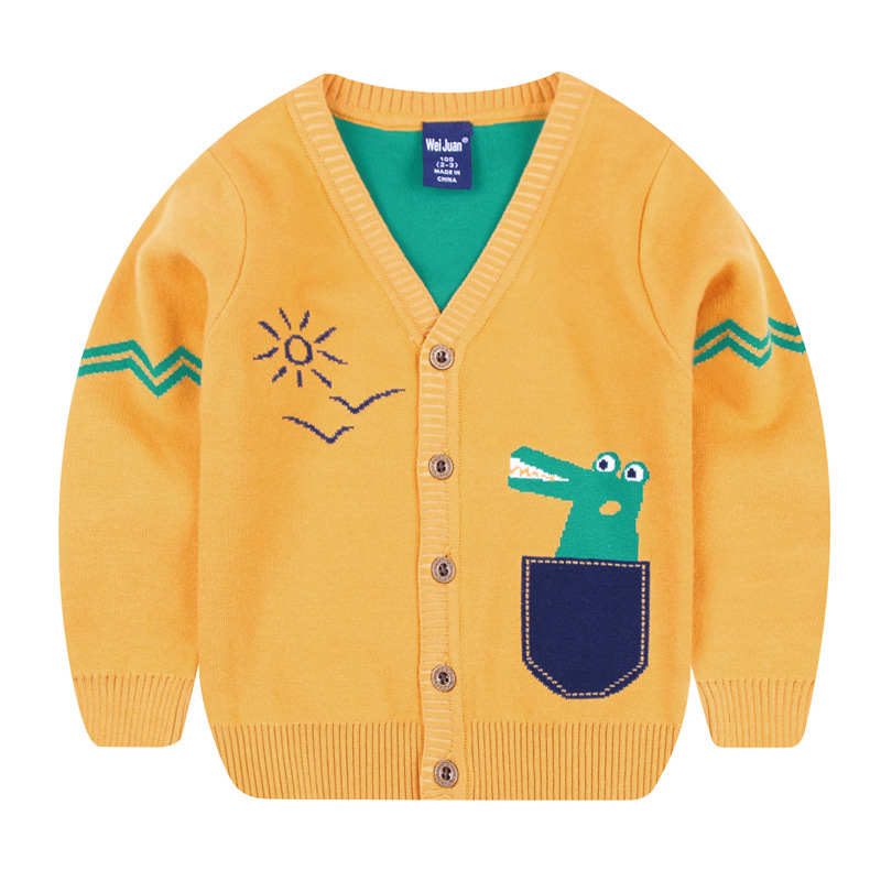 Toddler Boys Long Sleeve Knitted Sweatshirts Cartoon Dinosaur V-Neck Cardigan Sweaters-Yellow