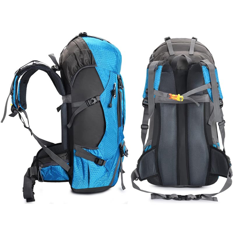 60L Waterproof Lightweight Hiking Backpack with Rain Cover for Climbing Camping-Light Blue