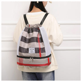 Womens Drawstring Bag Large Wet and Dry Separation Backpack-KhakiGrid