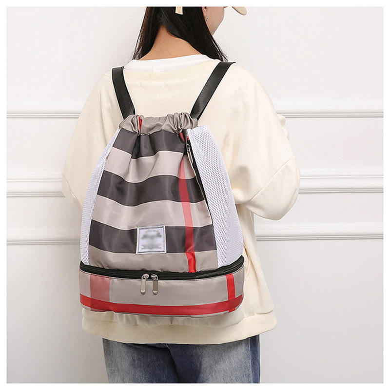 Womens Drawstring Bag Large Wet and Dry Separation Backpack-KhakiGrid