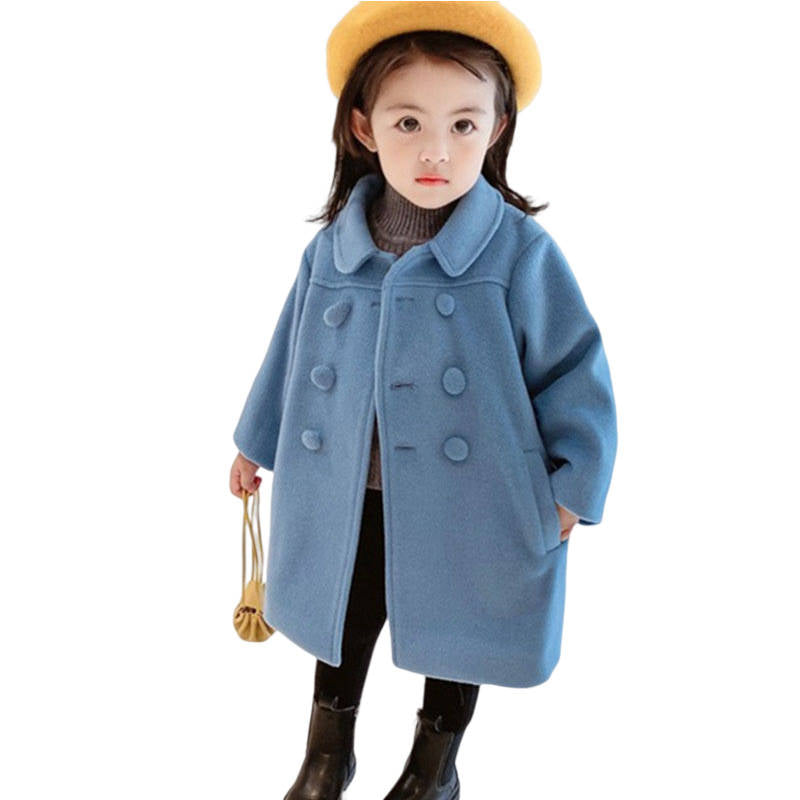 Girls Dress Coat Kids Winter Warm Jacket Button Trench Long 2-7 Years-Blue