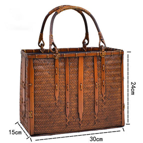 Retro Womens Bamboo Handbag Handmade Large Tote Bag Wicker Storage Basket Bag-Five Bars