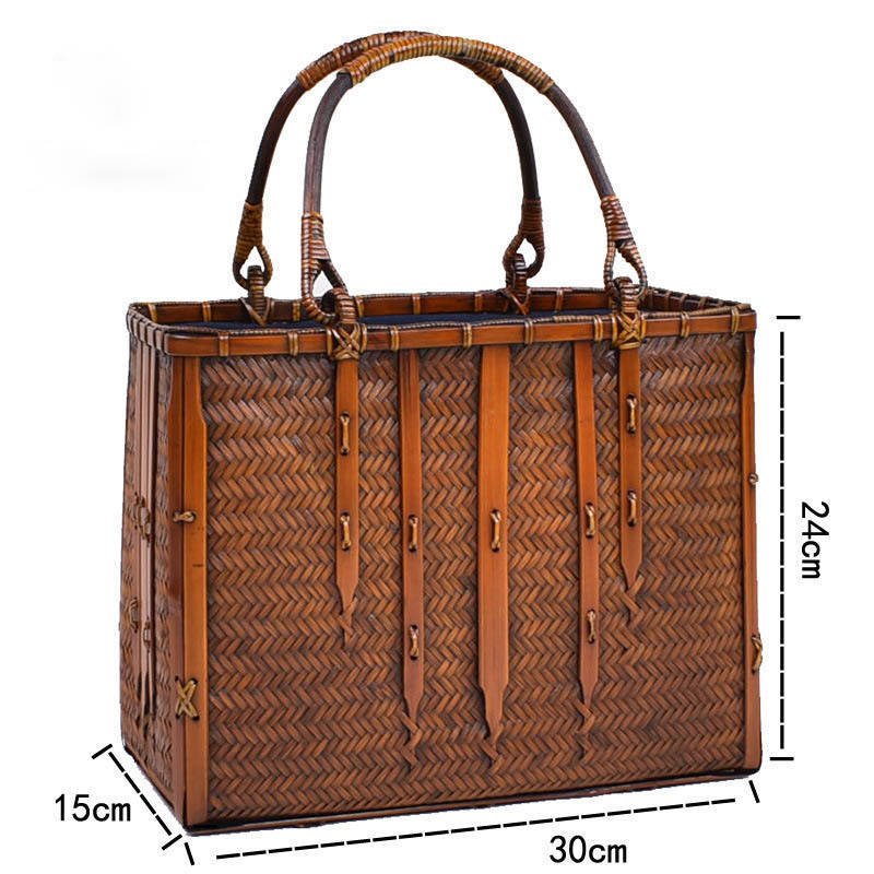 Retro Womens Bamboo Handbag Handmade Large Tote Bag Wicker Storage Basket Bag-Five Bars