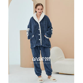 Womens Winter Fleece Pajamas Set Warm Loungewear-Navy Blue