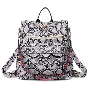 Fashion Backpack Multipurpose Print Leather Travel Shoulder Bag-White Snake Pattern