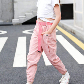 Girls Joggers Long Pants Pockets Outdoor Casual Trousers Buttons-Pink