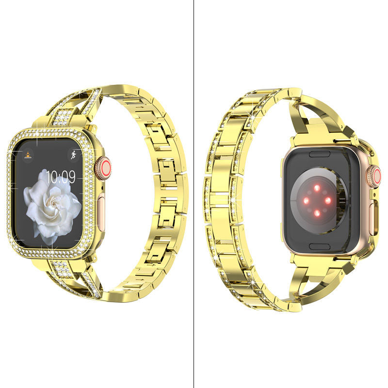 Bling Band Compatible Apple Watch with Case 38 40 42 44mm Rhinestone Cross Straps-Gold