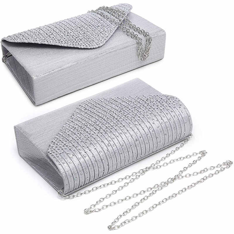 Ladies Frosted Satin Evening Clutch Rhinestones Crossbody Bag-White