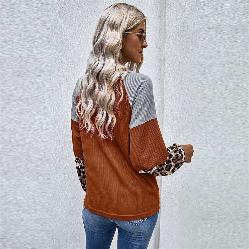 Womens Twist Knot Shirts Waffle Leopard Print Color Block Loose Fit Tops-Orange