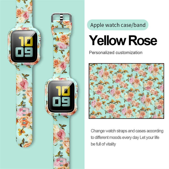 Silicone Printed Watch Band with Screen Protector Case for iWatch Series SE/6/5/4/3/2/1-YellowRose