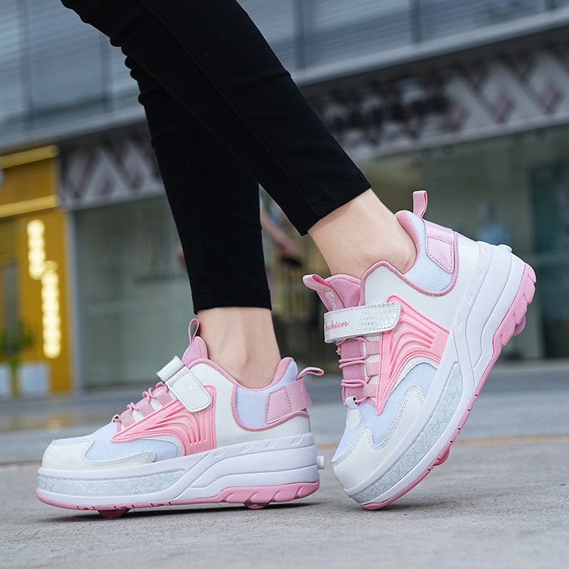 Ultralight Sneaker Roller Skate Shoes with Quad Roller for Children-Pink