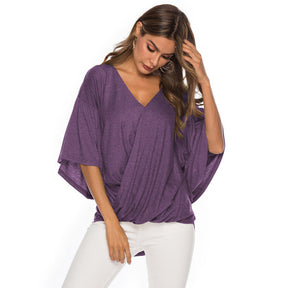 Womens Summer Ruffle Sleeve V-Neck T-Shirt Knot Tops-Purple